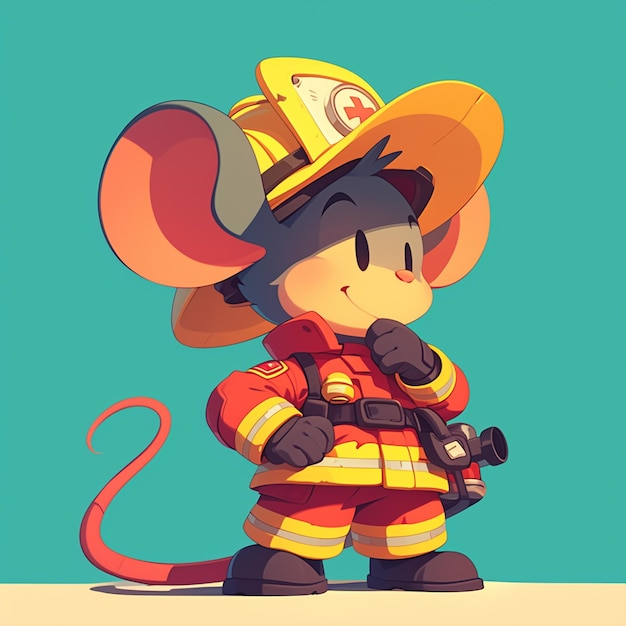 A alert mouse firefighter cartoon style