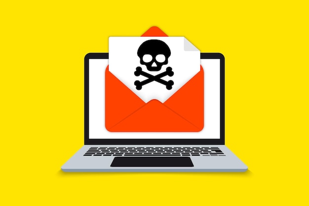 Notifica di avviso su computer portatile, concetto di malware, virus, spam, applicazione dannosa o hacking di un laptop. notifica di malware. avviso allarme virus sullo schermo. messaggio di malware della busta