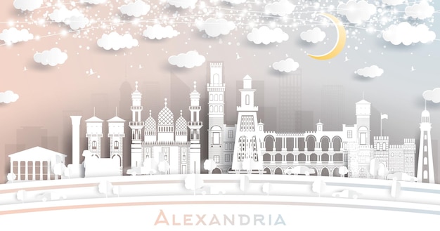 Alexandria Egypt City Skyline in Paper Cut Style with White Buildings Moon and Neon Garland