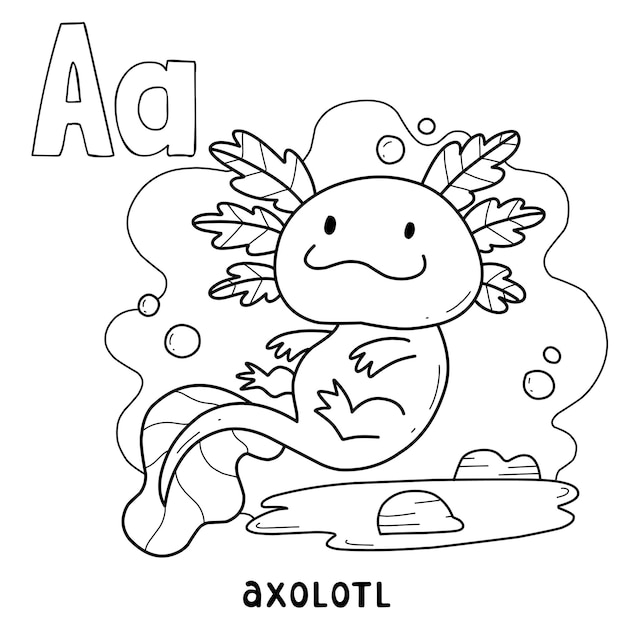 Alfabet dier axolotl om in te kleuren met woord handgetekende dier cartoon