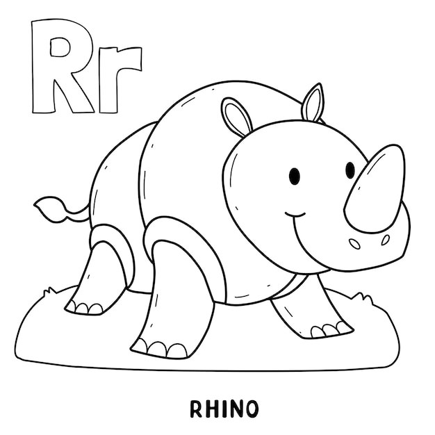 Vector alfabet dierlijke neushoorn om in te kleuren met woord handgetekende letter dier cartoon