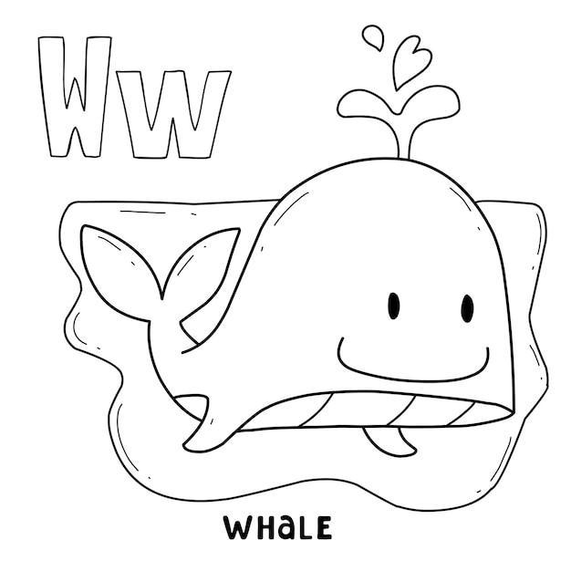 Alfabet dierlijke walvis om in te kleuren met woord handgetekende letter dier cartoon