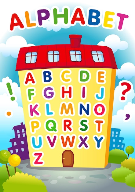 Alfabet educatief huis. Engelse ABC poster in een vorm van het huis. Welkom terug op school