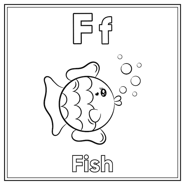 Alfabet flashcard letter F met schattige vistekeningschets om in te kleuren