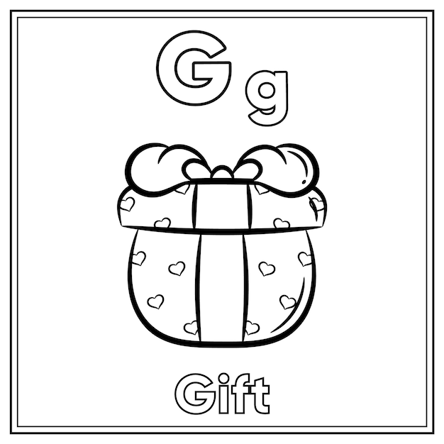 Alfabet flashcard letter G met schattige cadeautekeningschets om in te kleuren