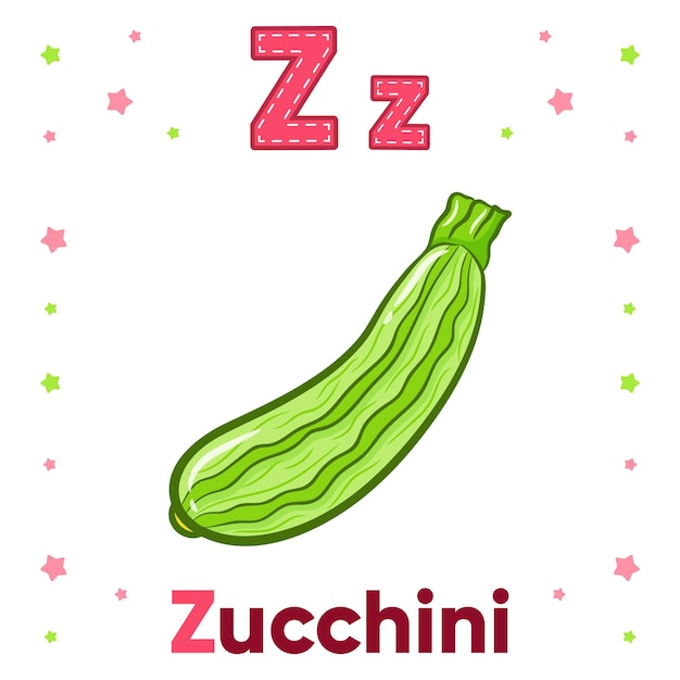 Alfabet flashcard letter Z met schattige courgettetekening