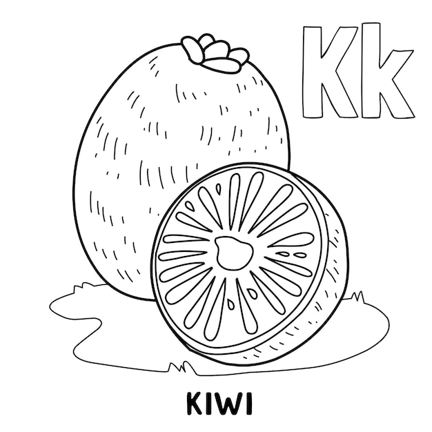 Vector alfabet fruitkiwi om in te kleuren met woord handgetekende letter fruit cartoon