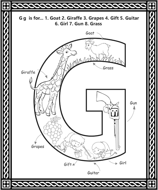 Vector alfabet g letter kleurboek met cartoon woordenschat leeractiviteit werkblad voor kinderen