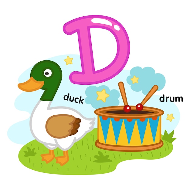 Alfabet geïsoleerde letter d-duck-drum illustratie, vector