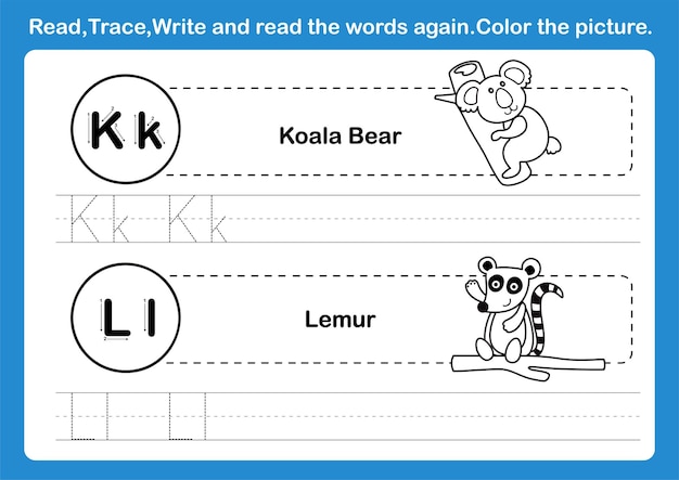 Alfabet kl-oefening met cartoonwoordenschat voor het kleuren van boekillustratie