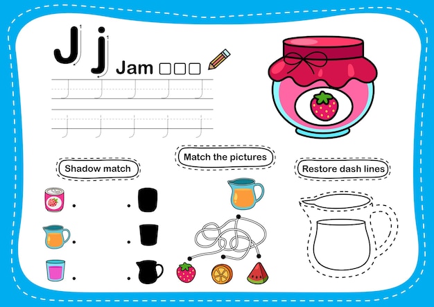 Alfabet letter j jam-oefening met cartoon woordenschat illustratie vector