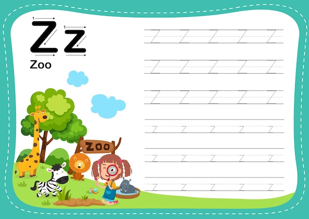 Alfabet Letter Zoo-oefening met woordenschat voor meisjes