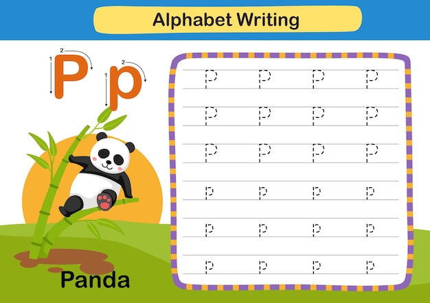 Alfabet letteroefening p panda met cartoon woordenschat illustratie