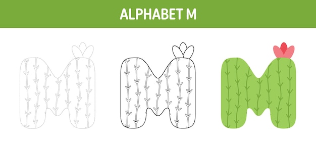 Alfabet M traceer- en kleurwerkblad voor kinderen