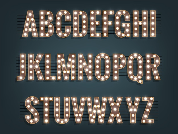 Alfabet met gloeilampen Glowing vector lettertype met glanzende heldere lichten