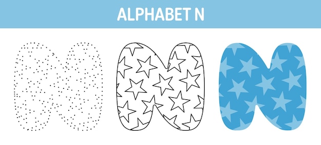 Alfabet N traceer- en kleurwerkblad voor kinderen