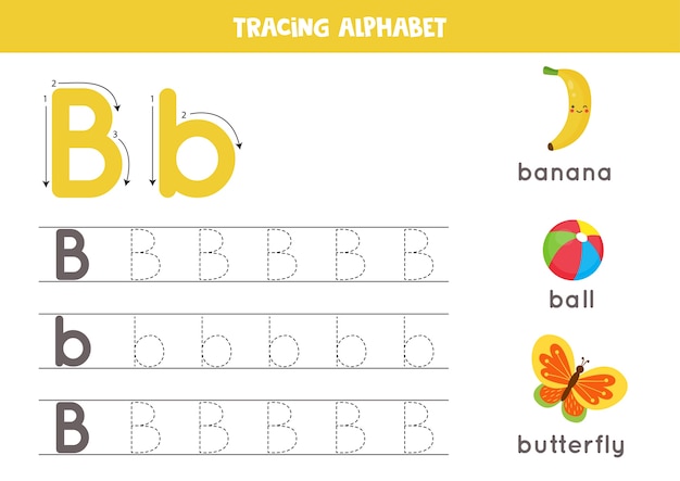 Alfabet overtrekken werkblad. AZ schrijft pagina's. Letter B hoofdletters en kleine letters traceren met cartoon vlinder, bal, banaan. Handschriftoefening voor kinderen. Afdrukbaar werkblad.