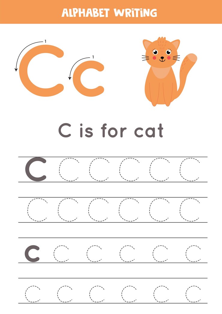 Vector alfabet tracering werkblad. az schrijft pagina's. letter c hoofdletters en kleine letters traceren met cartoon kat illustratie. handschriftoefening voor kinderen. afdrukbaar werkblad.