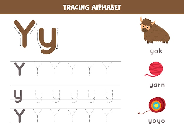 Alfabet tracering werkblad. AZ schrijft pagina's. Letter Y hoofdletters en kleine letters traceren met cartoon yak, garen, jojo. Handschriftoefening voor kinderen. Afdrukbaar werkblad.