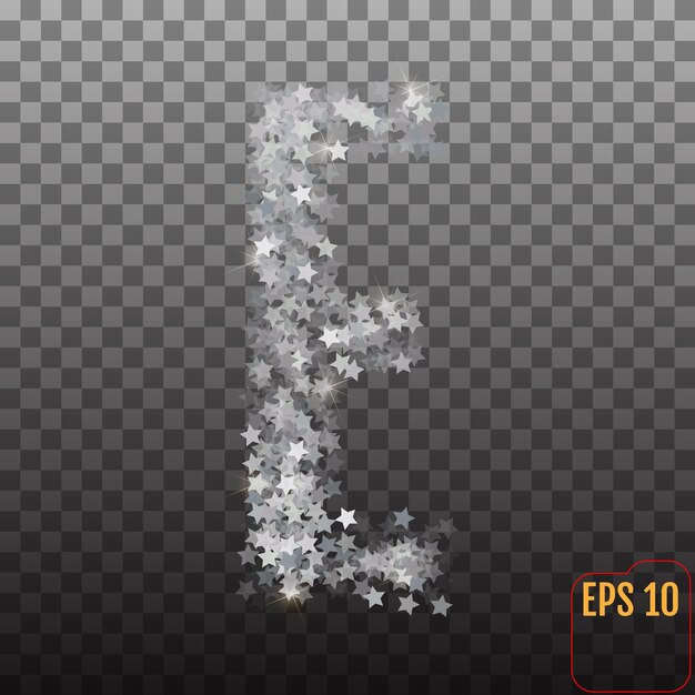 Vector alfabet van sprankelende confetti zilveren sterren van confetti de letter e vectorillustratie voor feest verjaardag vieren verjaardag of evenement feestelijk festival decor
