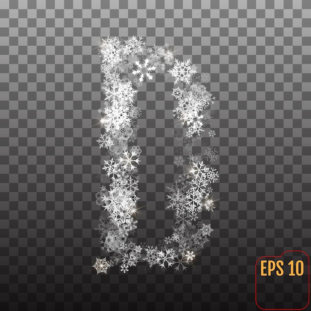 Vector alfabet van sprankelende sneeuwvlokken transparante zilveren sneeuwvlokken de letter d voor feestverjaardag vieren jubileum of evenement feestelijk festivaldecor vectorillustratie