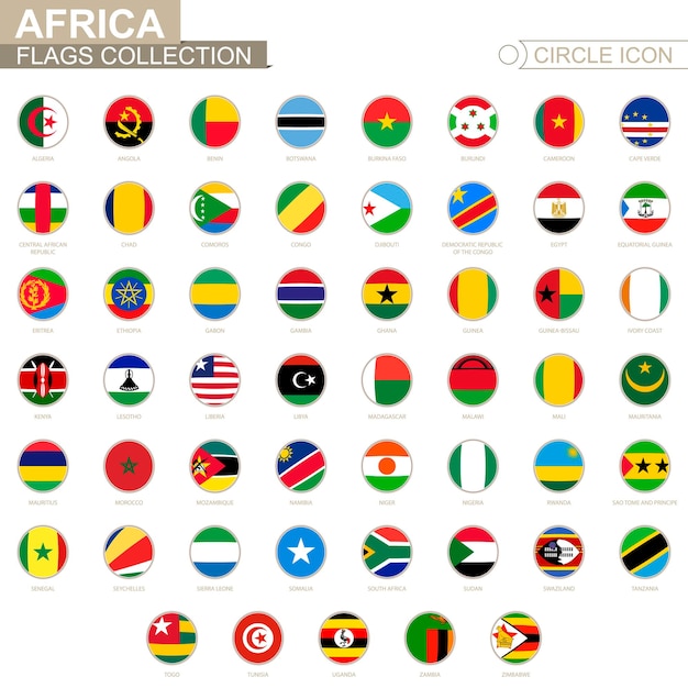 Alfabetisch gesorteerde cirkelvlaggen van Afrika. Set ronde vlaggen. Vectorillustratie.