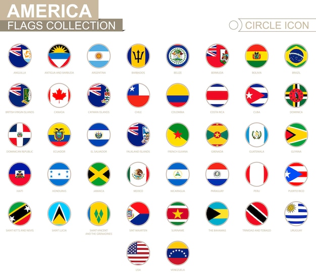 Alfabetisch gesorteerde cirkelvlaggen van Amerika. Set ronde vlaggen. Vectorillustratie.