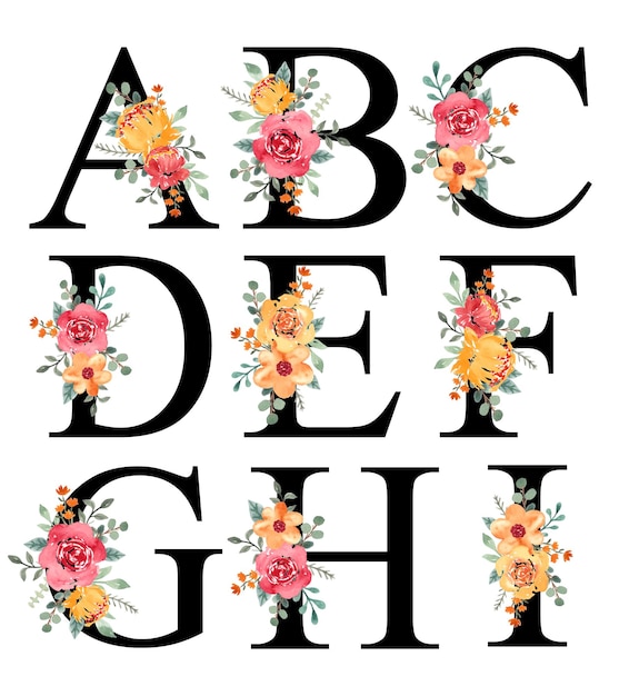 Alfabetletters A - ik ontwerp aquarel rood gele bloemenelementen