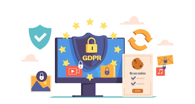 Algemene regels voor gegevensbescherming gdpr-concept met computermonitorschild en slot europese commissie versterkt