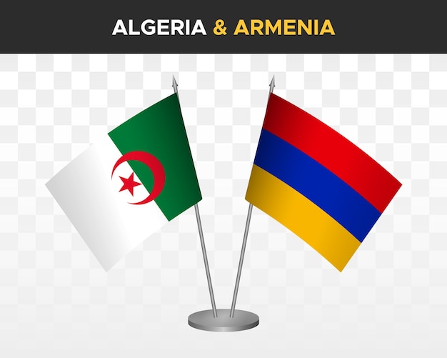 Макет настольных флагов алжира и армении изолирован на белом трехмерном векторном иллюстративном табличном флаге