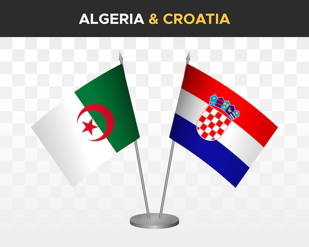 Algeria and Croatia desk flags mockup isolated on white 3d vector illustration table flags