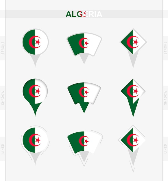 アルジェリアの旗アルジェリアの旗の場所のピンアイコンのセット