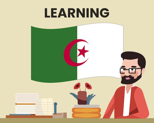 Bandiera dell'algeria con un insegnante di sesso maschile che impara o insegna il concetto di scuola di lingua dell'algeria