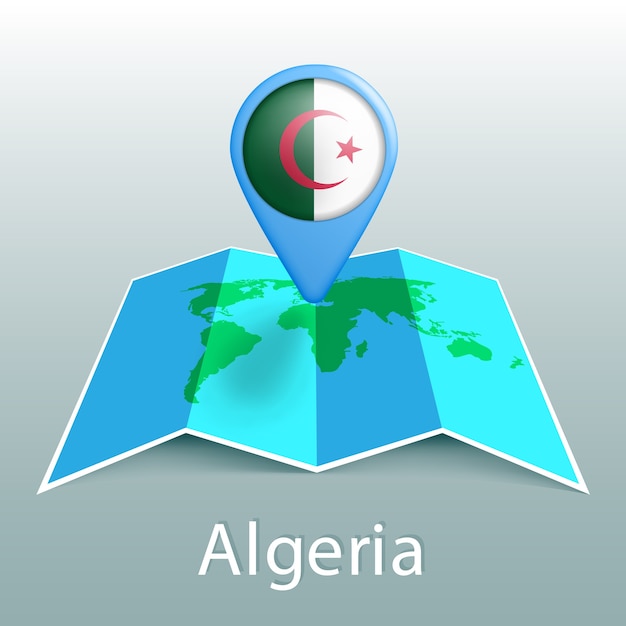 灰色の背景に国の名前とピンでアルジェリアの旗の世界地図