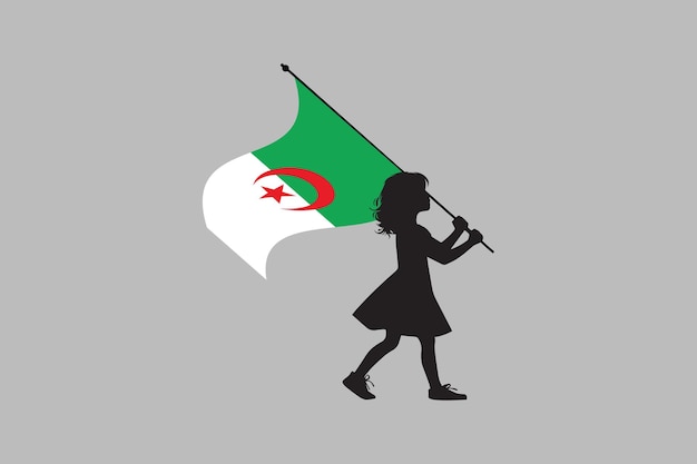 アルジェリア国旗を掲げた少女 アルジェリアの国旗 オリジナルとシンプルなアルジェリアの旗