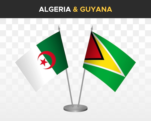 Algeria and Guyana desk flags mockup isolated on white 3d vector illustration table flags