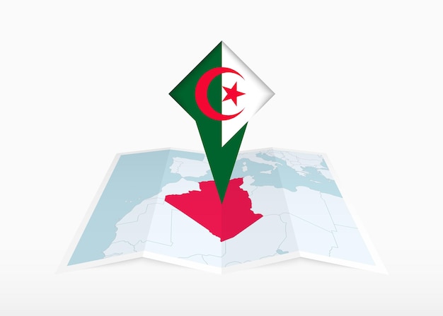 Algeria is depicted on a folded paper map and pinned location marker with flag of Algeria.