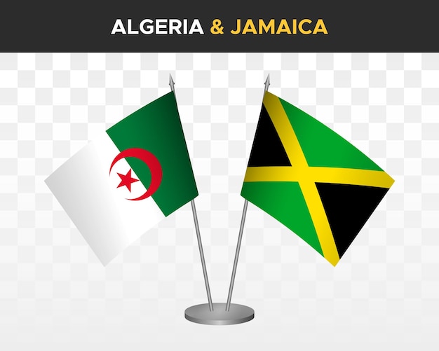 Algeria and Jamaica desk flags mockup isolated on white 3d vector illustration table flags