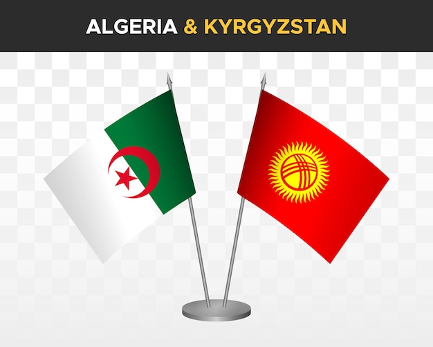 Algeria and Kyrgyzstan desk flags mockup isolated on white 3d vector illustration table flags