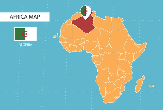 アフリカのアルジェリア地図、アルジェリアの場所とフラグを示すアイコン。