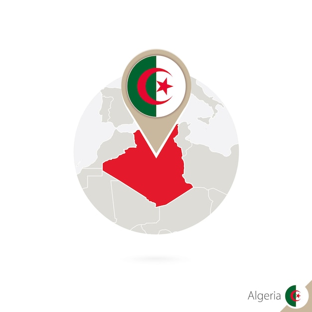 Algeria map and flag in circle. Map of Algeria, Algeria flag pin. Map of Algeria in the style of the globe. Vector Illustration.