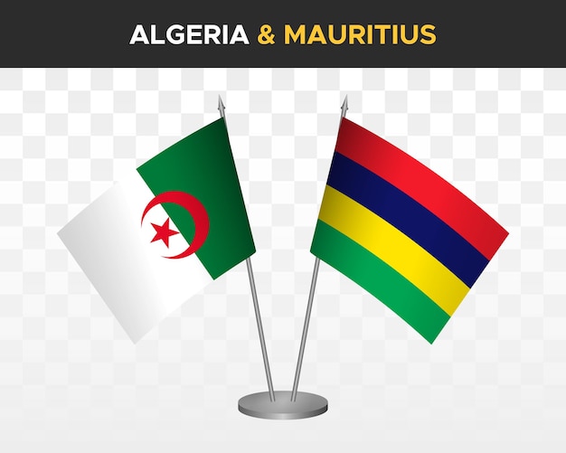 Mockup di bandiere da scrivania algeria e mauritius isolato su bandiere da tavolo bianche con illustrazione vettoriale 3d