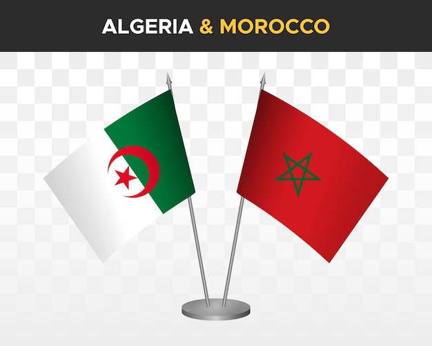 Algeria and Morocco desk flags mockup isolated on white 3d vector illustration table flags