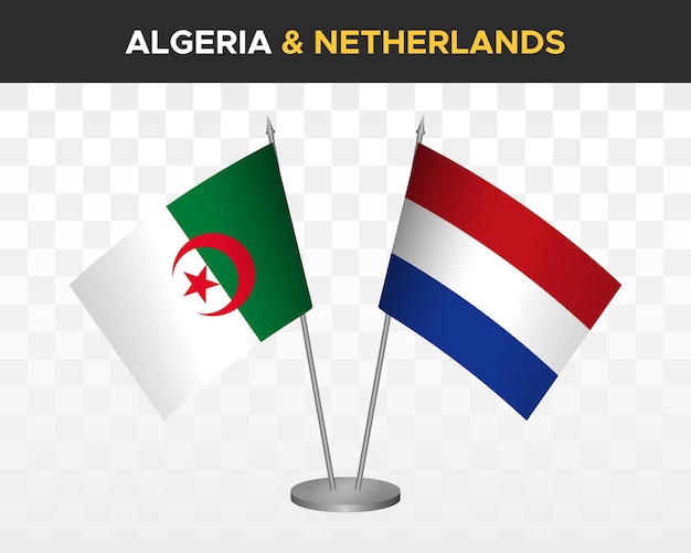 Algeria and Netherlands desk flags mockup isolated on white 3d vector illustration table flags