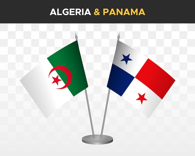 アルジェリアとパナマの机の旗のモックアップは、白い3dベクトルイラストテーブルフラグに分離