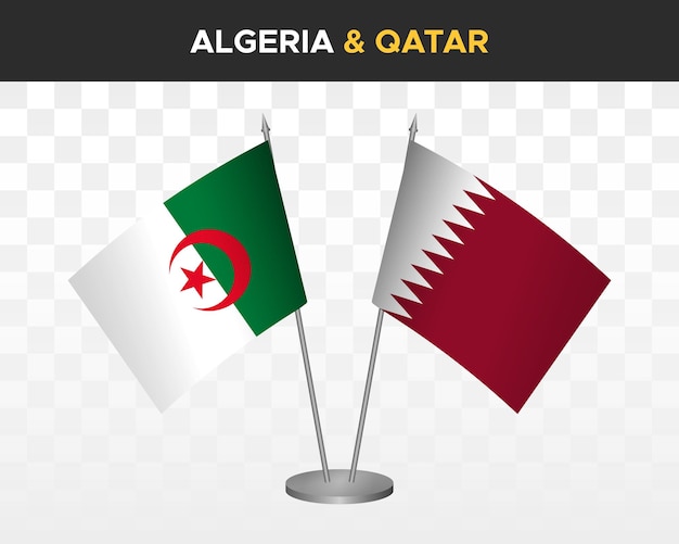 アルジェリアとカタールのデスクフラグモックアップは、白い3dベクトルイラストテーブルフラグに分離