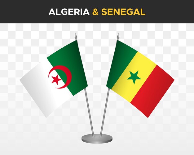 Algeria and Senegal desk flags mockup isolated on white 3d vector illustration table flags