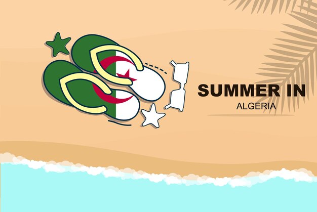 Algeria vacanze estive vettore banner vacanza in spiaggia infradito occhiali da sole stelle marine sulla sabbia