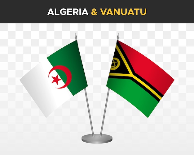 Algeria and Vanuatu desk flags mockup isolated on white 3d vector illustration table flags