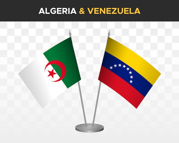 Mockup di bandiere da scrivania algeria e venezuela isolato su bandiere da tavolo bianche con illustrazione vettoriale 3d